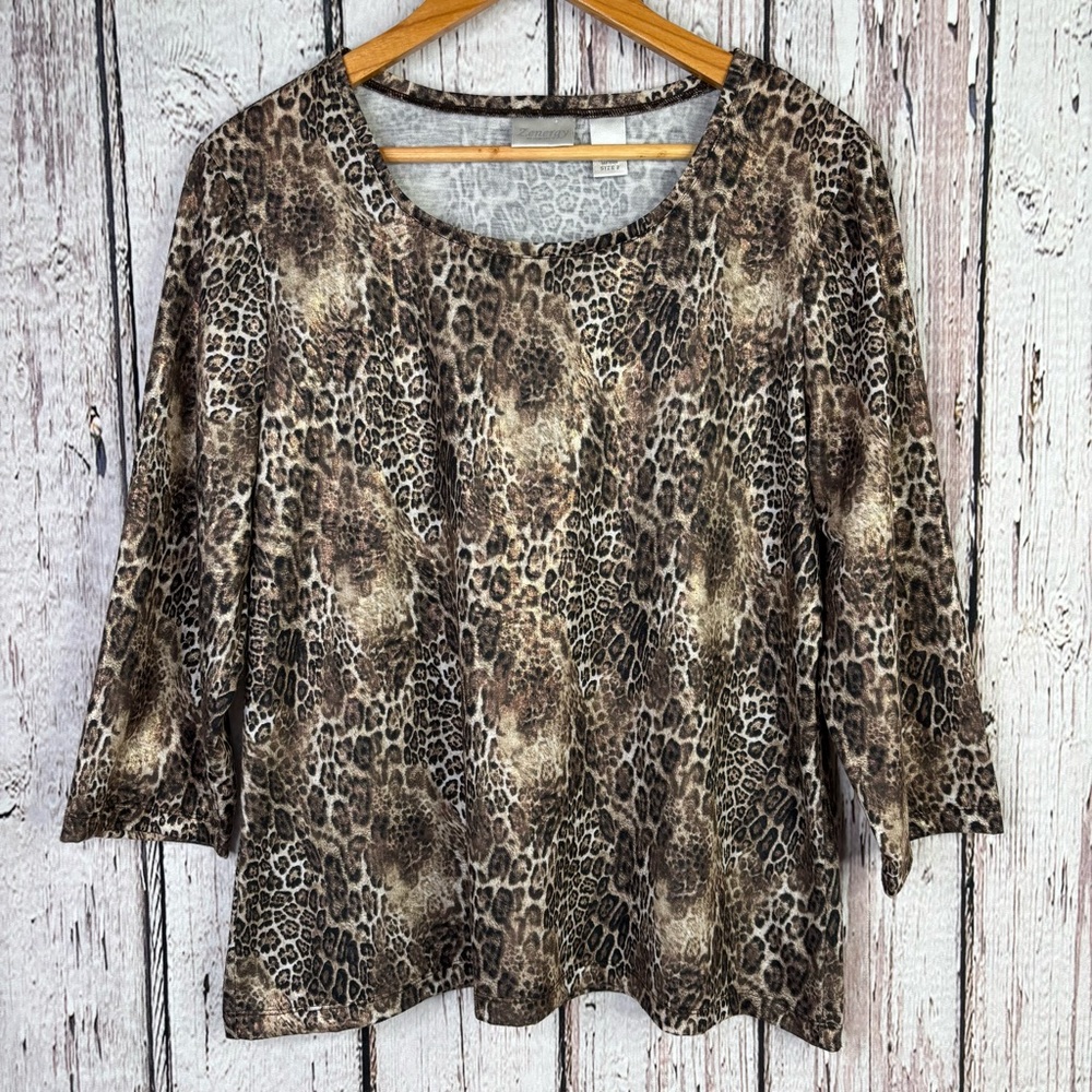 Zenergy by Chico’s 2 Large Animal Print Blouse 3/4 Sleeve Polyester Slight Sheen